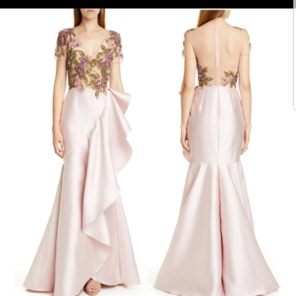 PatBo Patricia Bonaldi Beaded Ruffled Mermaid Pink Mauve Green Sequin Gown SZ 8